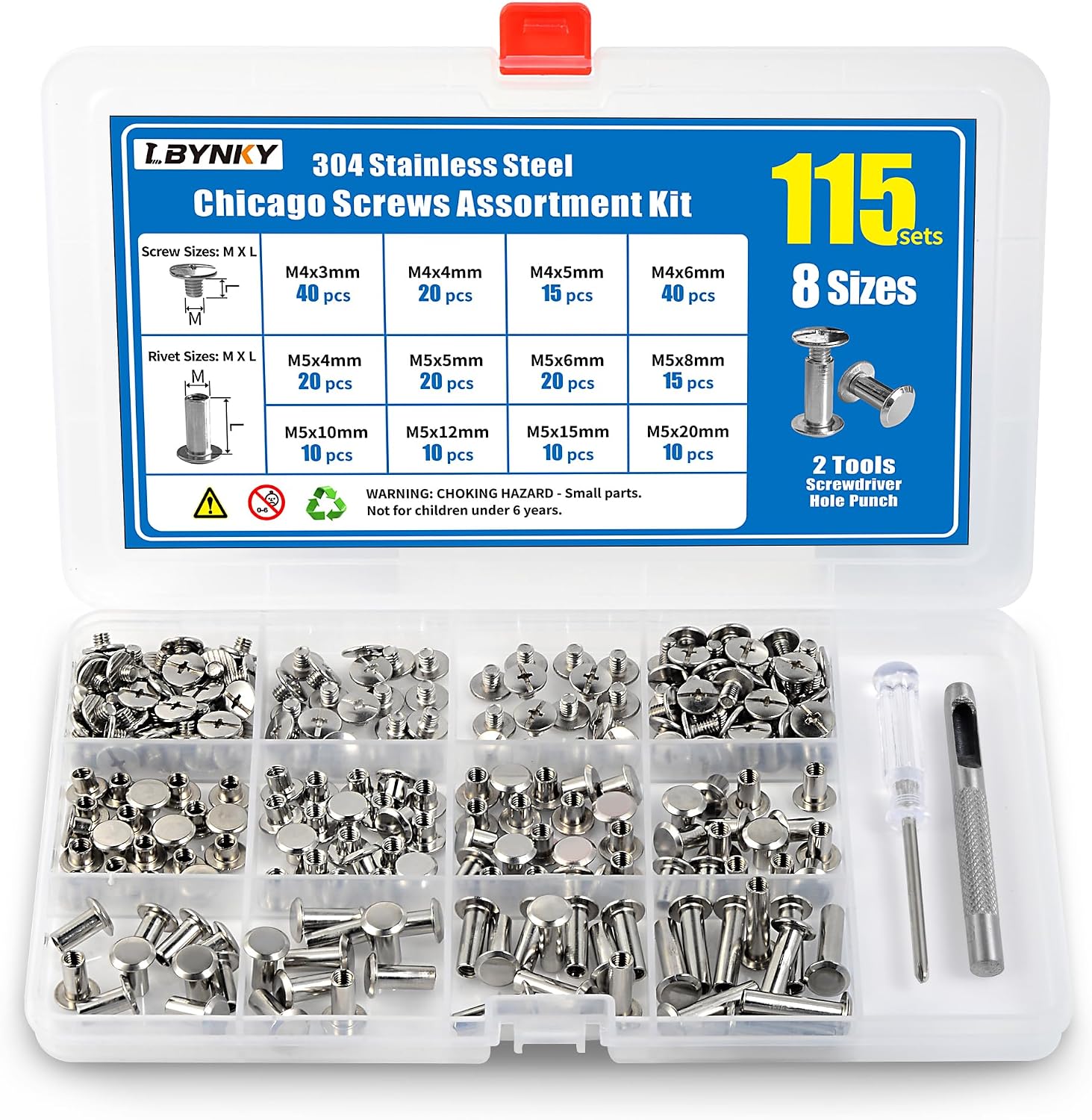 115 Sets Chicago Screws Kit for Leather Crafts, 304 Stainless Steel Binding Screws Rivet, 8 Sizes (M5x4/5/6/8/10/12/15/20mm) Binding Post with Tools (Silver)