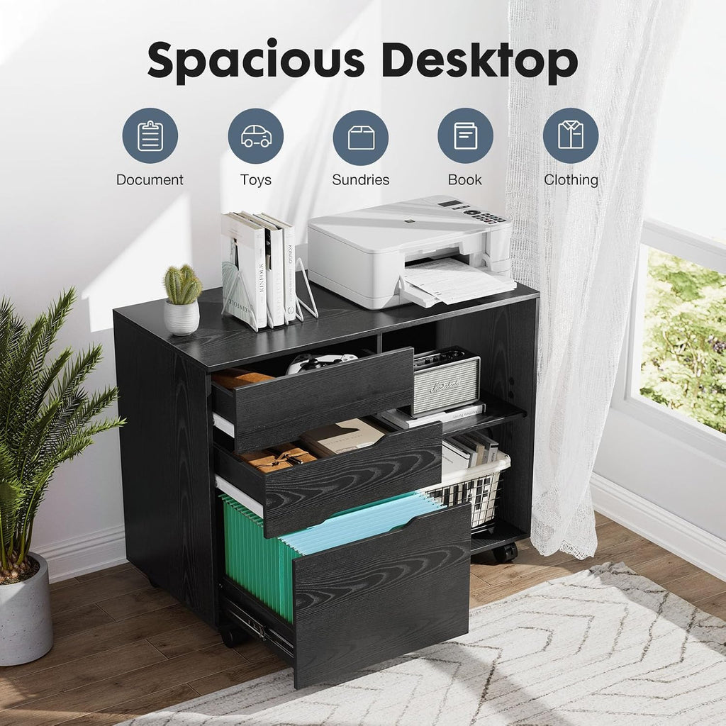 dumos 3 drawer rolling file cabinet, wood printer, close-up detail