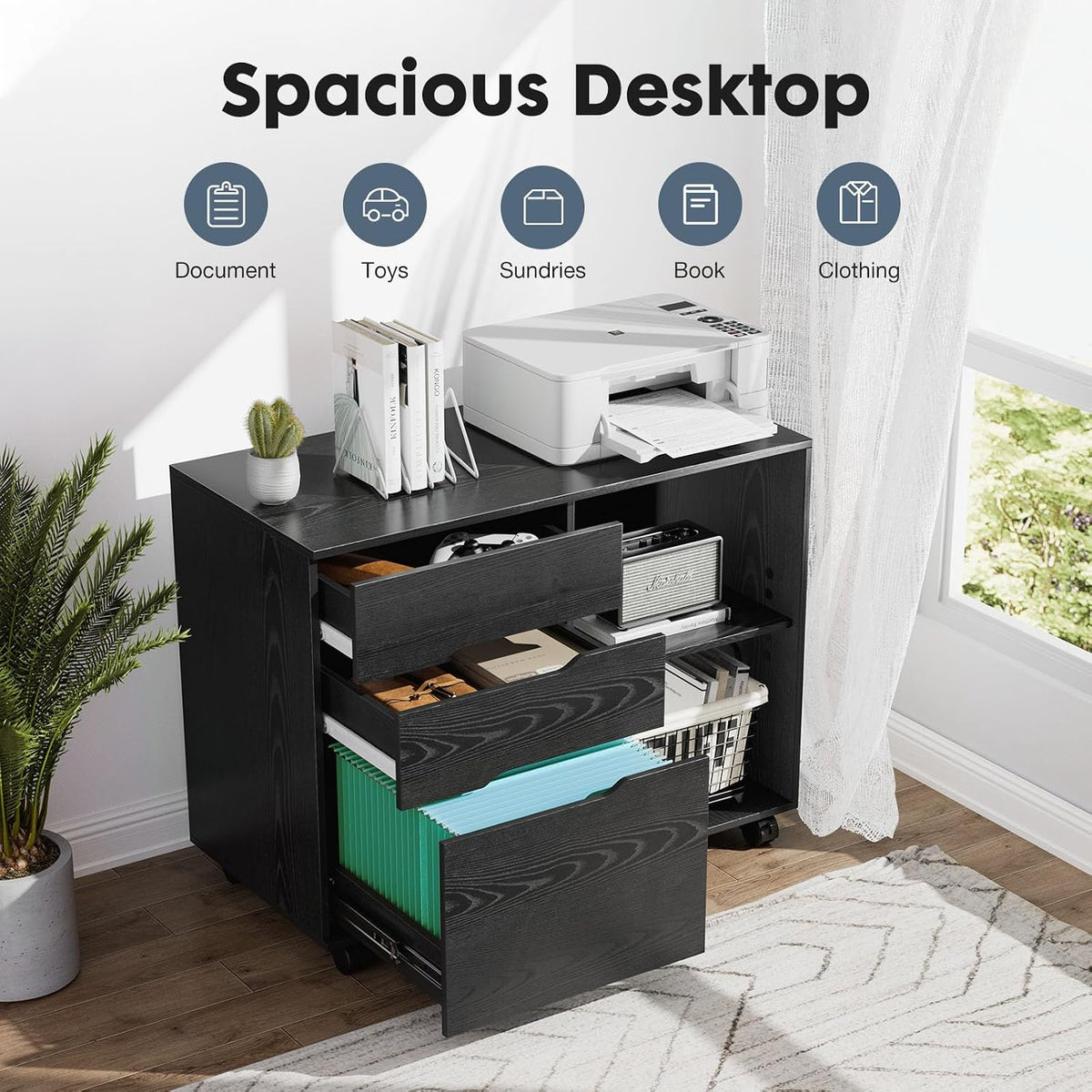 dumos 3 drawer rolling file cabinet, wood printer, close-up detail