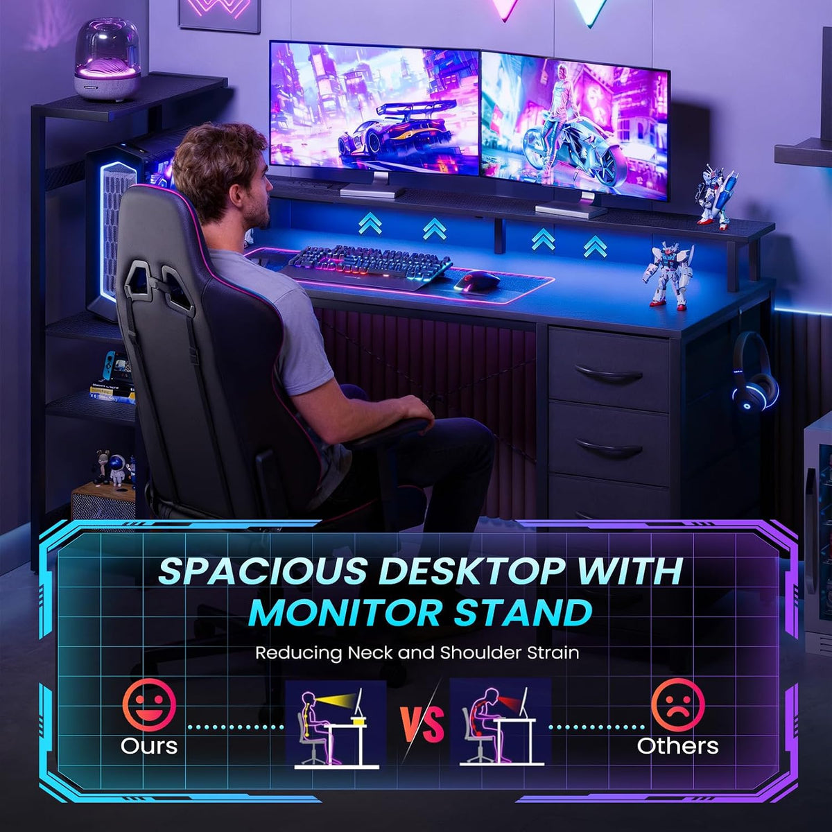 51in Gaming Computer Desk with Drawers & Power Outlet & LED Lights, B...