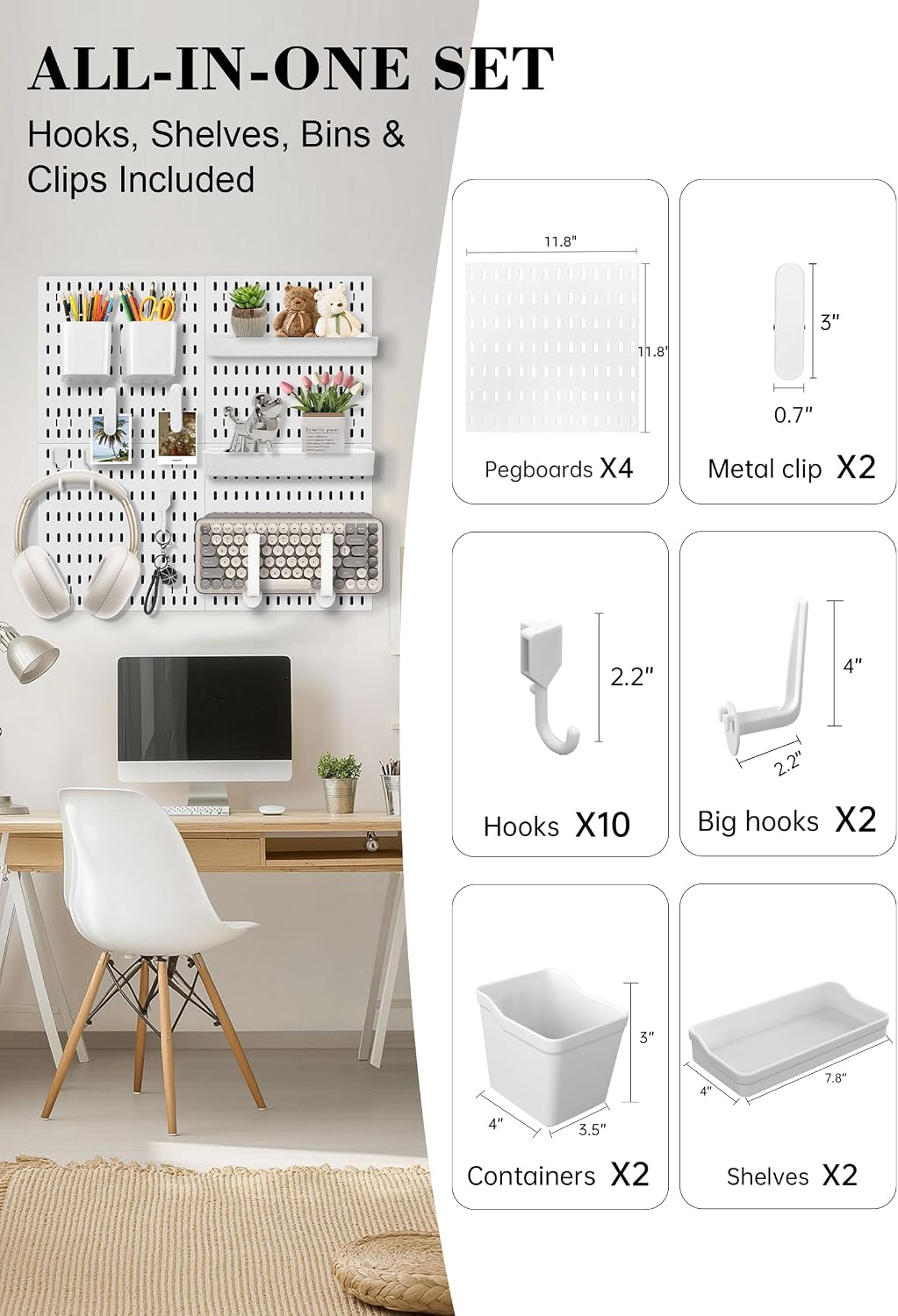 Pegboard Wall Organizer Set – 4 Peg Boards with Hooks & Shelves – Office,...