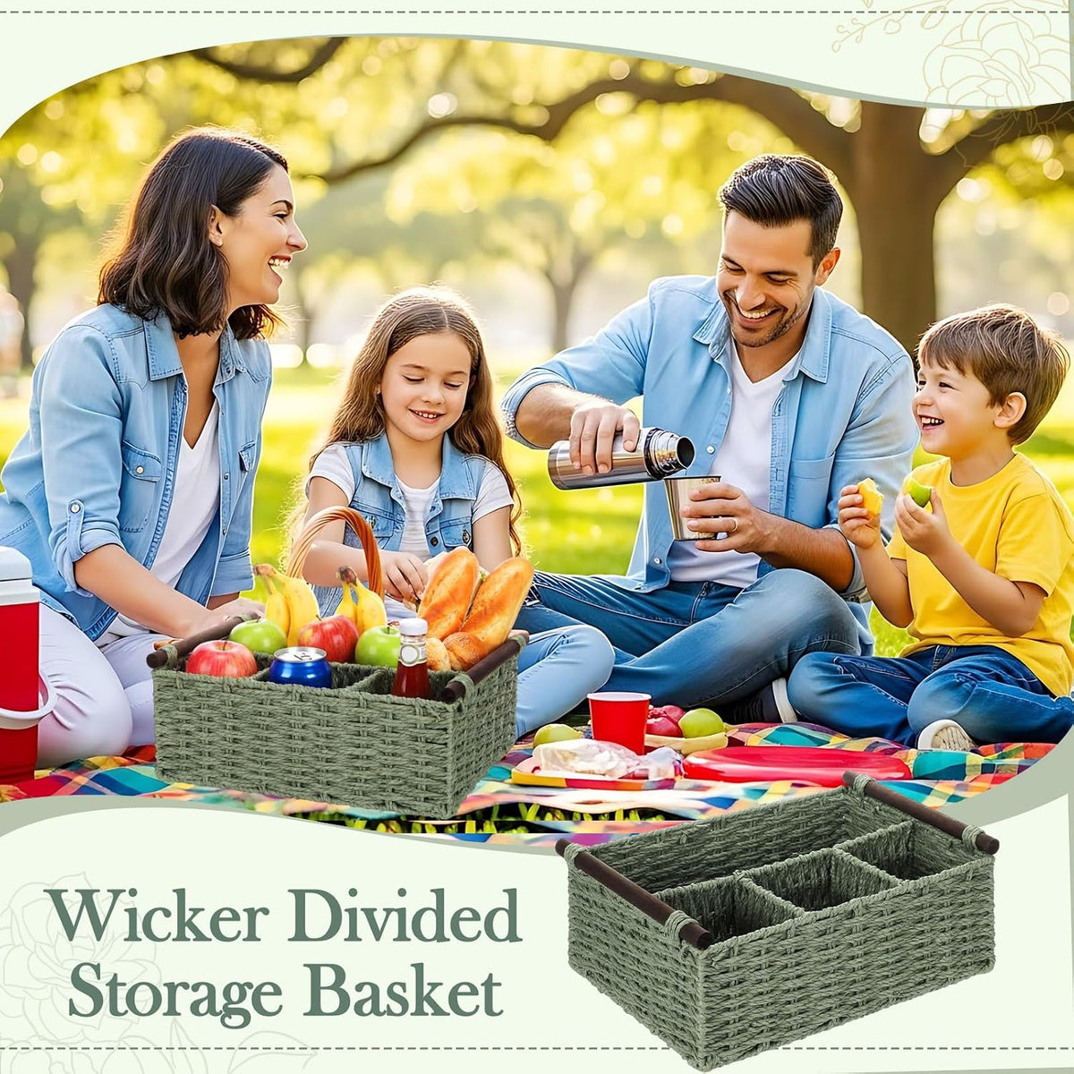 Remerry Sage Green Bathroom Countertop Organizer Caddy, Wicker-Like Divided B...