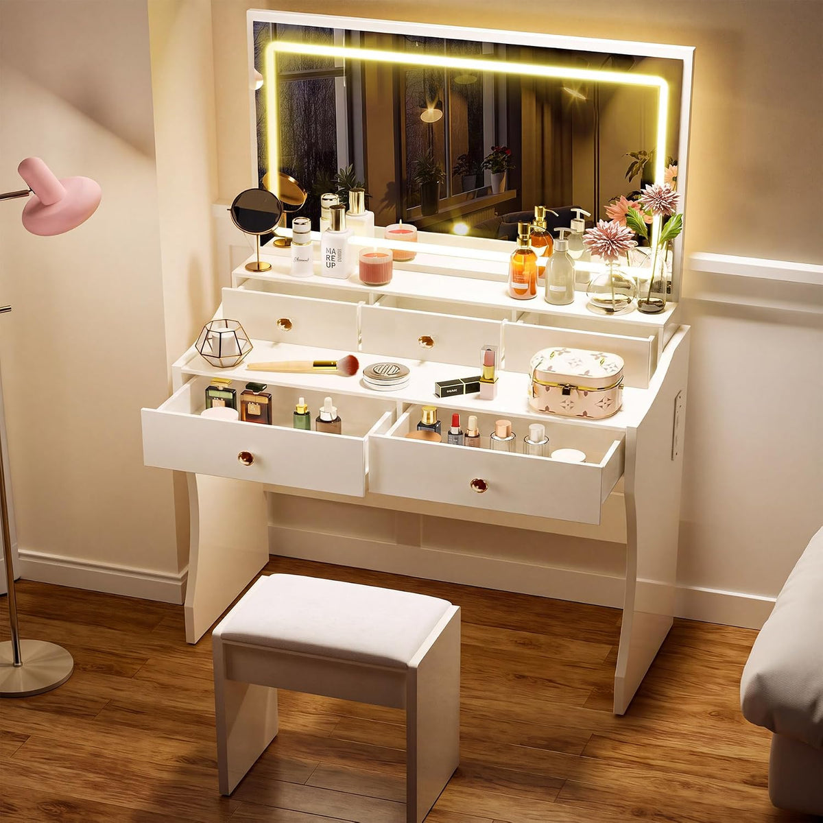 COMHOMA Vanity Desk with LED Lights Mirror & Power Outlet, Small Makeup V...