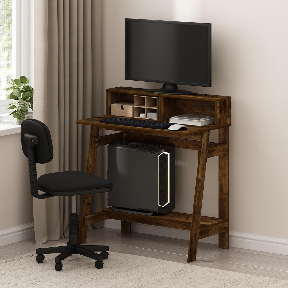 Furinno Simplistic 32" Wide Desk, Gaming Desk with Shelf, Amber Pine