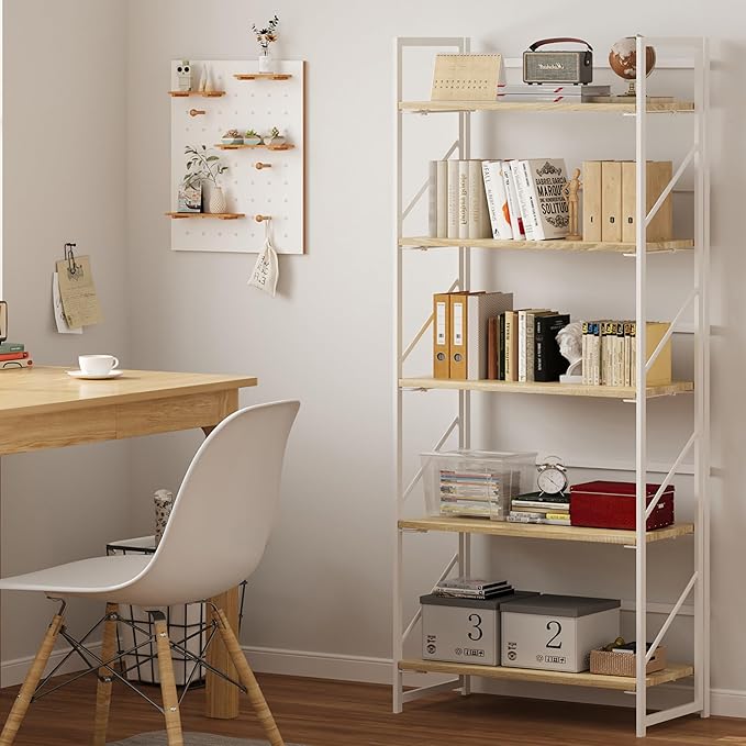 JSB No Assembly Folding Bookshelf, 5 Tier Industrial Metal Book Shelf - Image 2