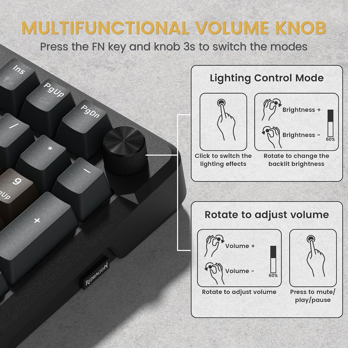 Redragon K742 Wireless Mechanical Gaming Keyboard with Knob, Bluetooth 5.0/2....