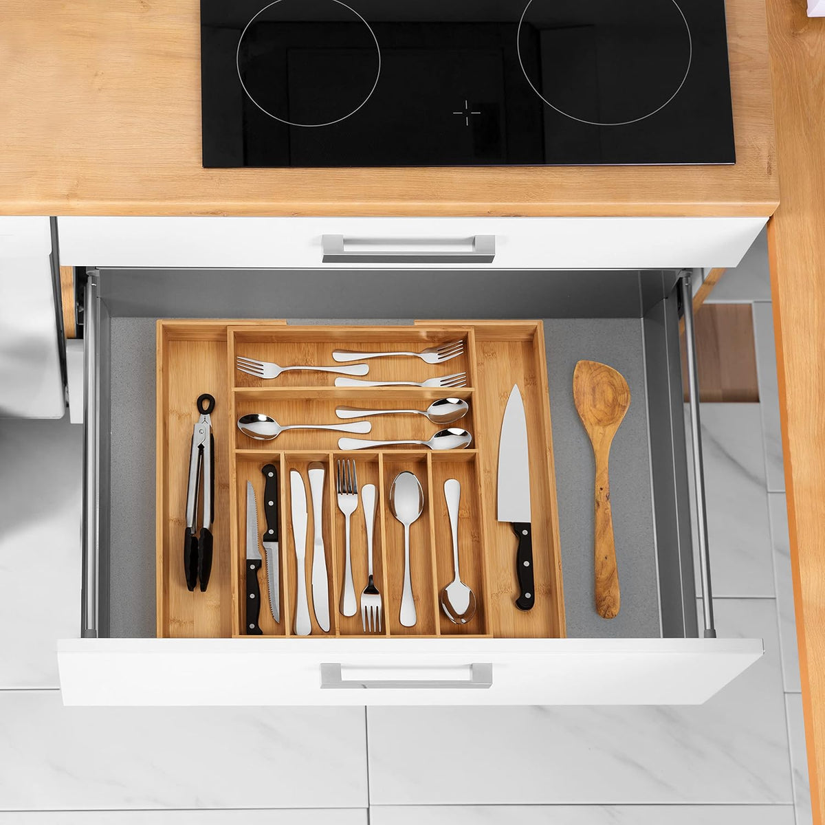 Purawood Expandable Bamboo Drawer Organizer 7-9 Slots, 2 Pack, Natural