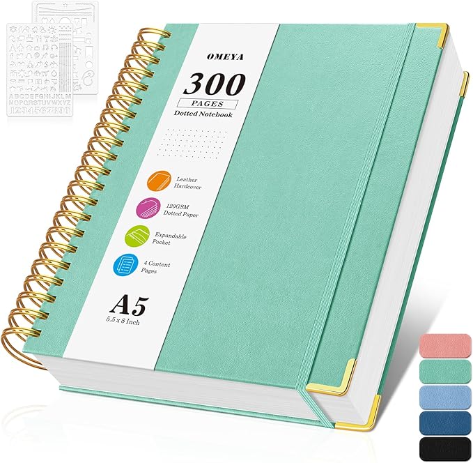 Bullet Dotted Journal Spiral Notebook, 300 Pages Leather Notebooks by OMEYA
