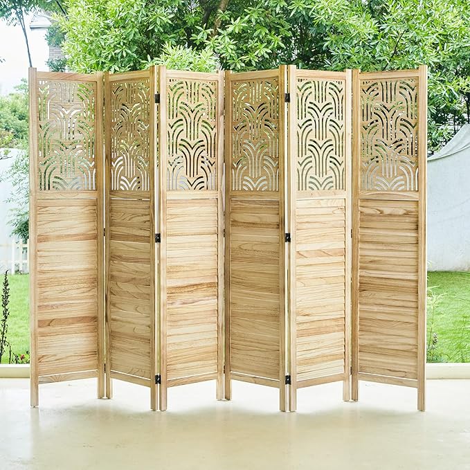 Svimi Folding Room Divider, 66.9 Inch 6 Panels Wood Carved Privacy Screens - Image 4