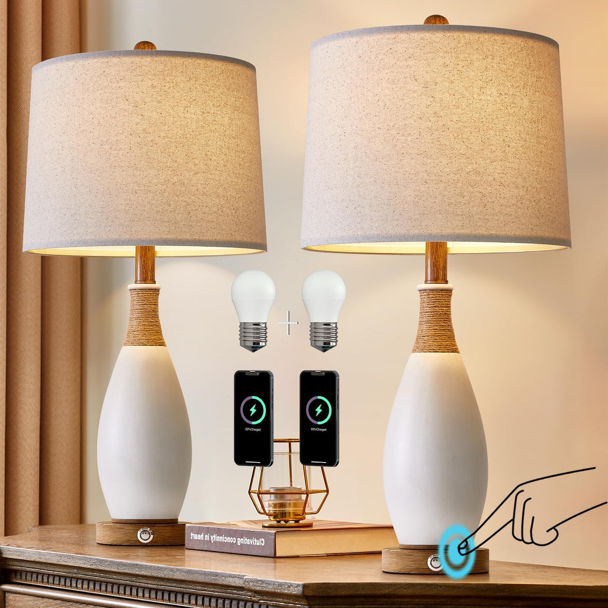 OYEARS 24.5” 3-Way Dimmable Touch Control Bedside Table Lamp Set of 2 with US...