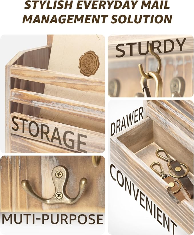 Rebee Vision Farmhouse Mail Organizer Wall Mount – Decorative Key and Mail - Image 5