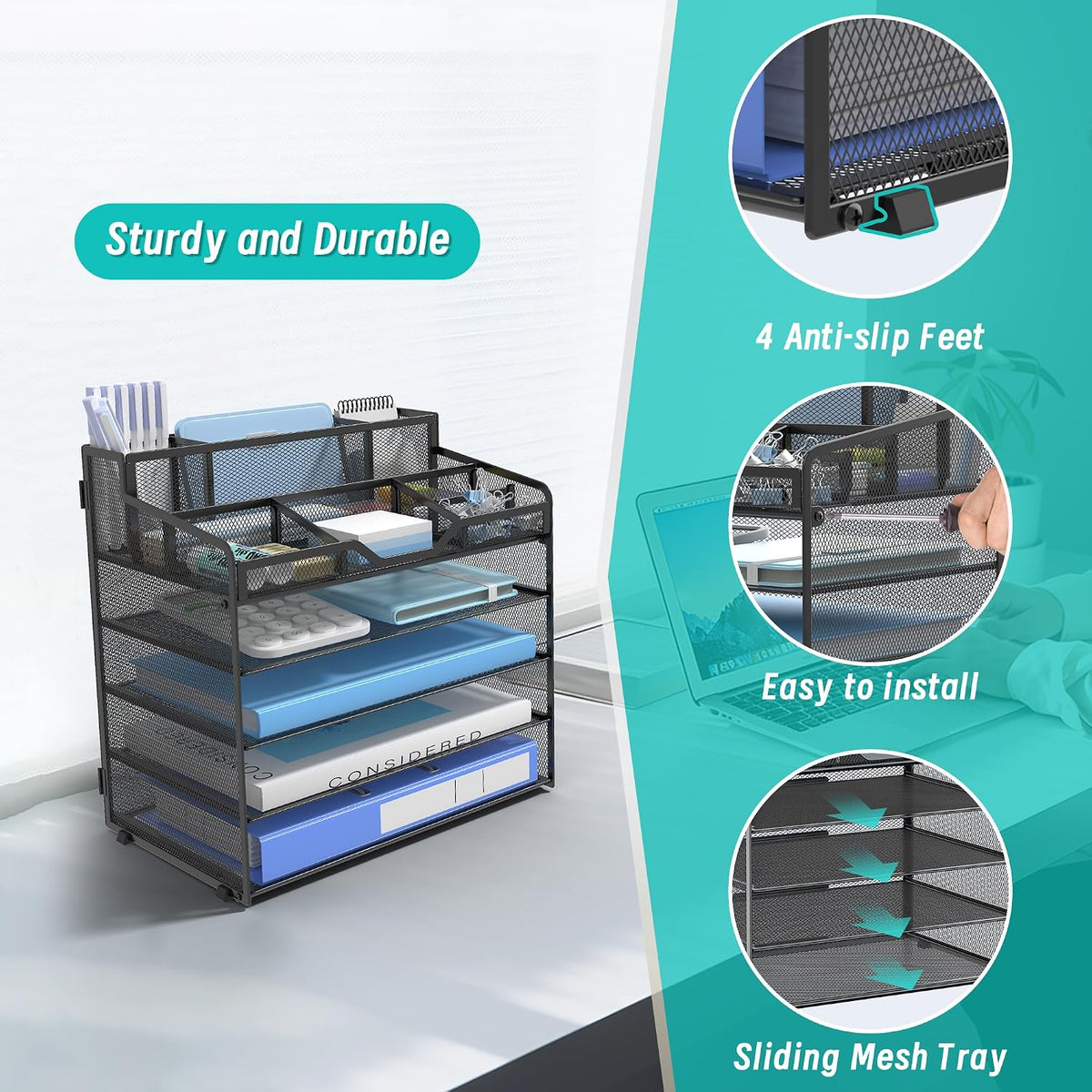 5 Tier Mesh Paper Desk Organizer with Pen Holders, Black