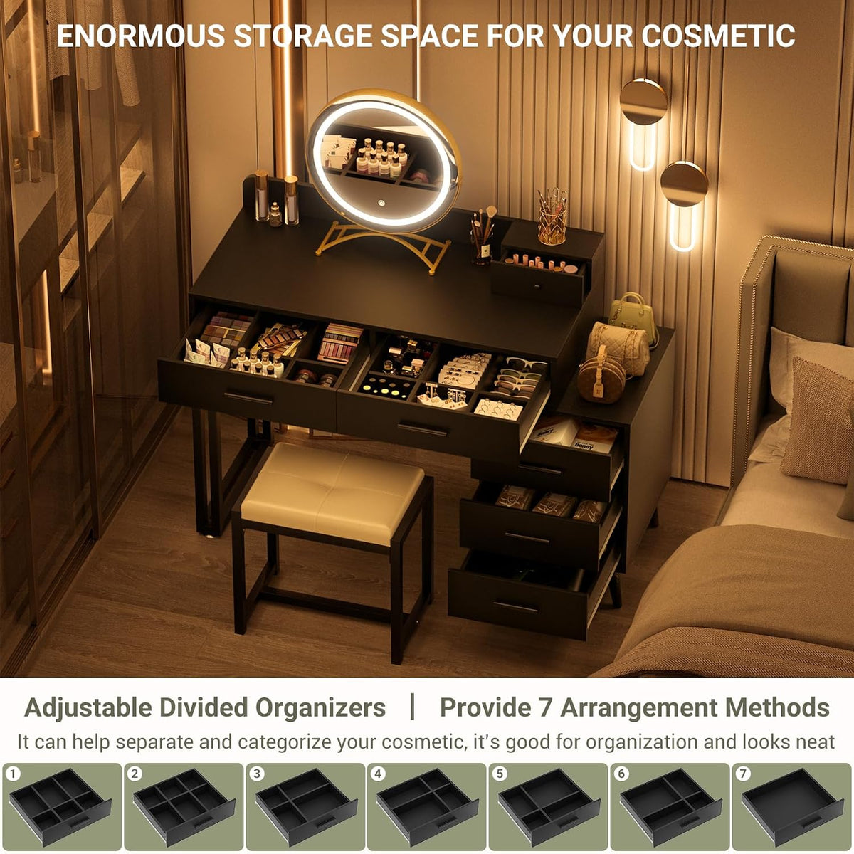 Armocity Black Vanity Desk with Mirror and Lights, Modern Makeup Vanity Table...