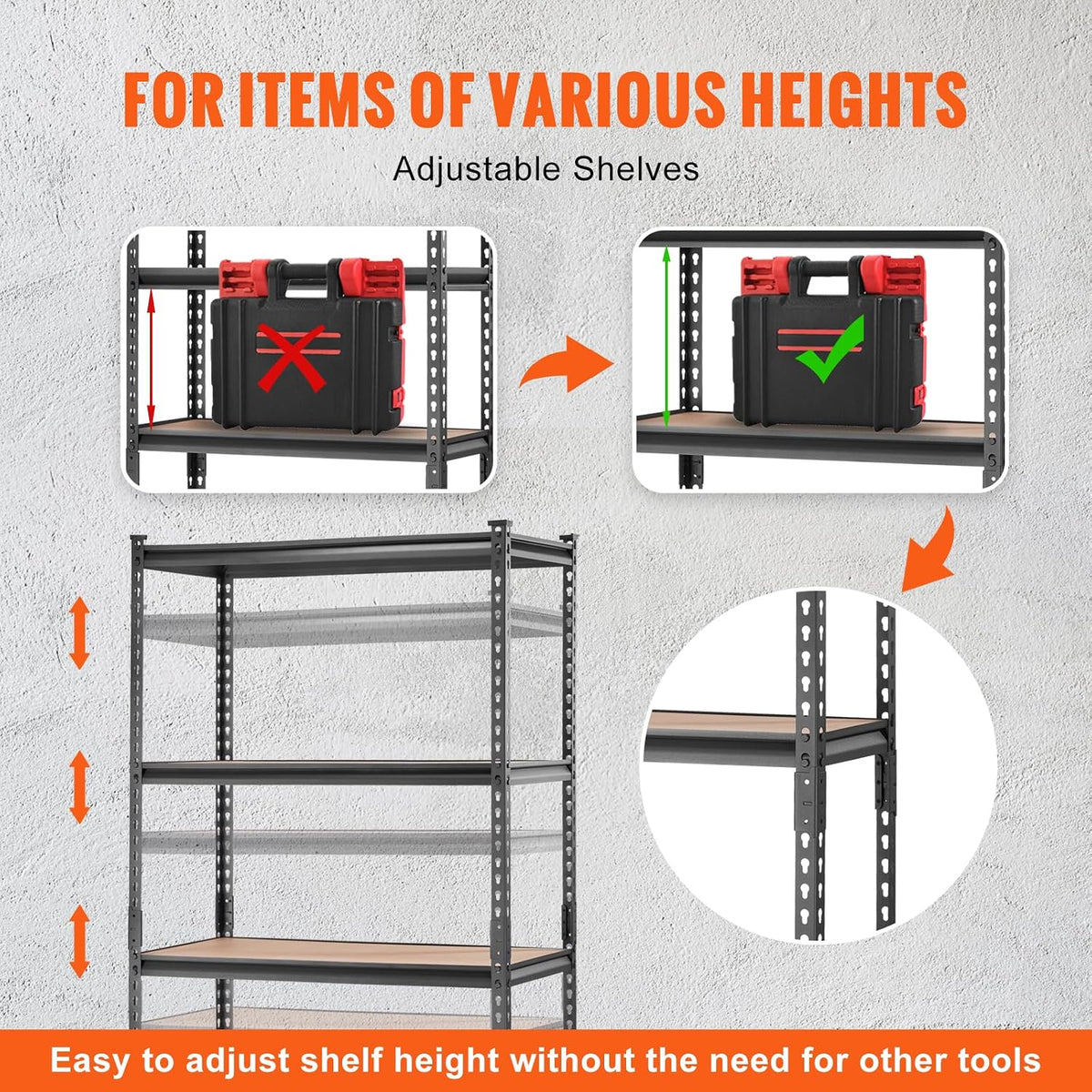 vevor storage shelves 5-tier adjustable 2000 lbs 36"x18"x72", front angle view