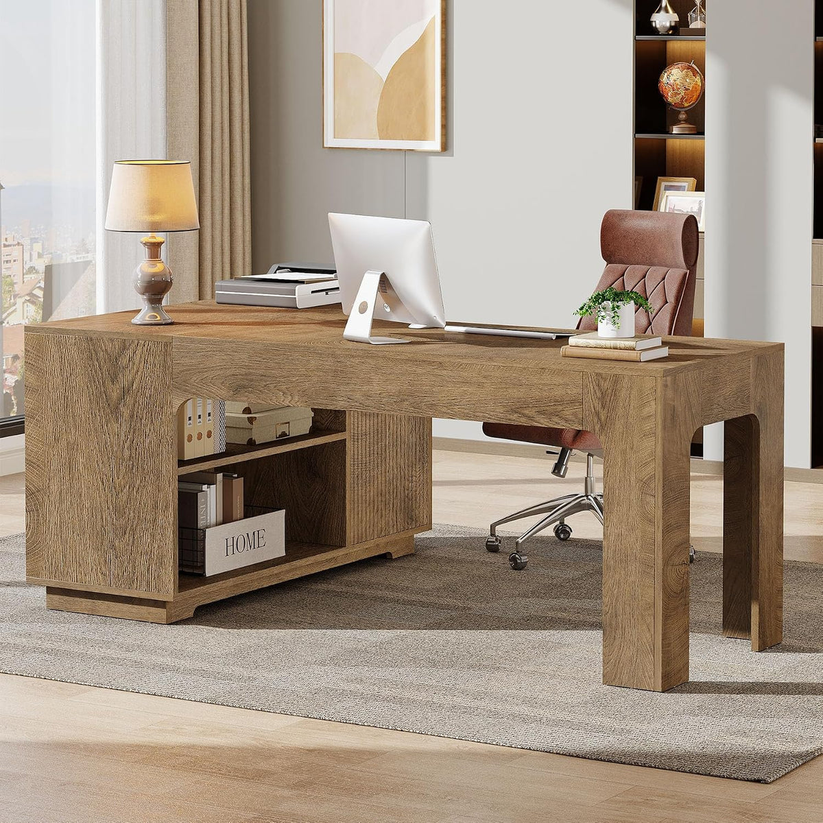 Tribesigns L-Shaped Desk with Storage Cabinet, 59-Inch Farmhouse Corner Compu...