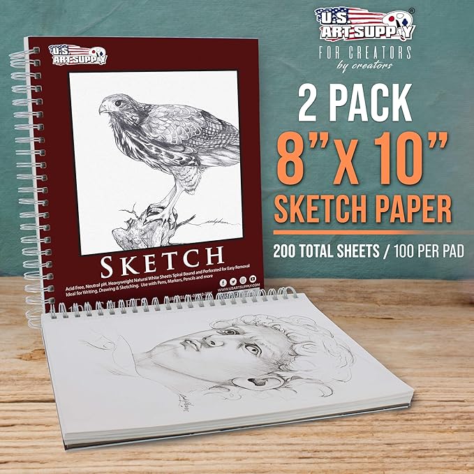 U.S. Art Supply 8"x10" Sketch Book Pad, 2 Pack, 60lb Spiral Bound - Image 2