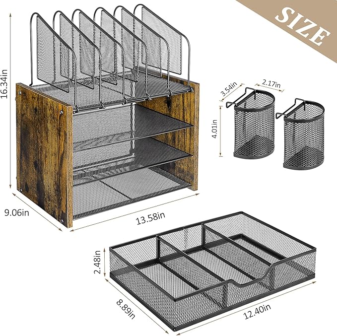 4-Tier Mesh Desk Organizer, Wooden Desk File Organizer - Image 6