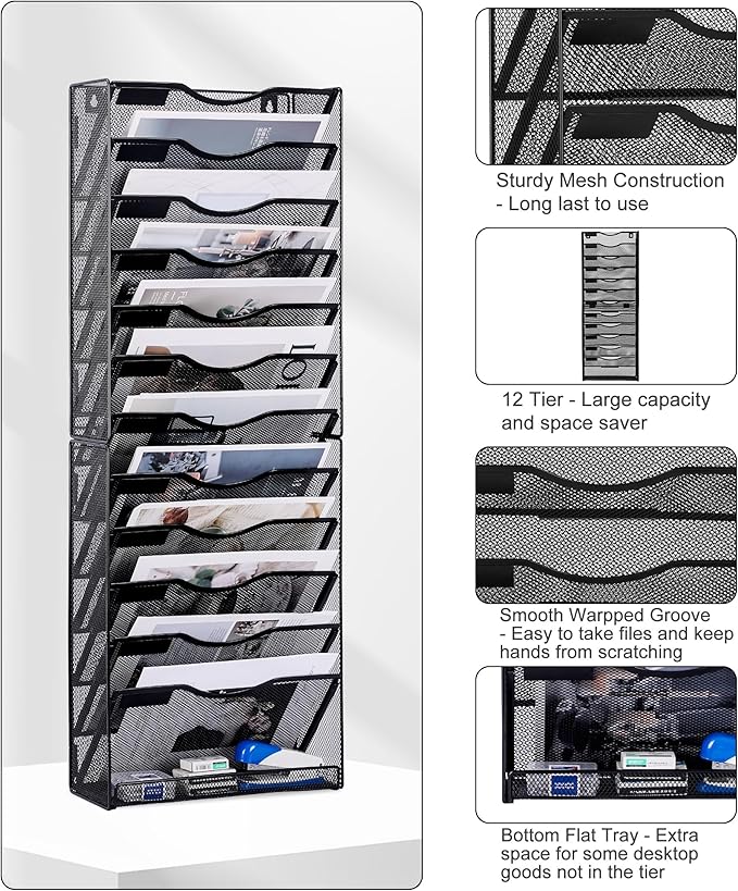 Solinxe 12-Tier Wall File Organizer, Mesh Mail Organizer Wall Mounted Paper - Image 5