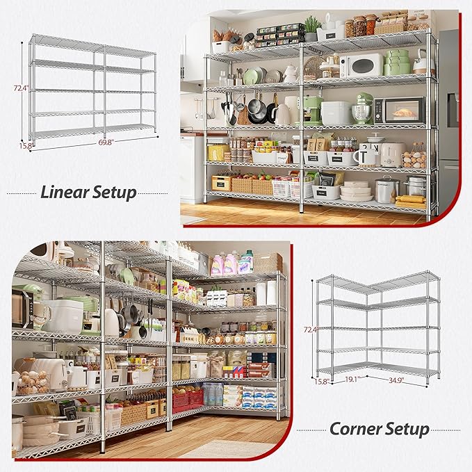 REIBII 69.8" W Storage Shelves 1510LBS Wire Shelving Unit 5 Tier Metal Shelving - Image 6