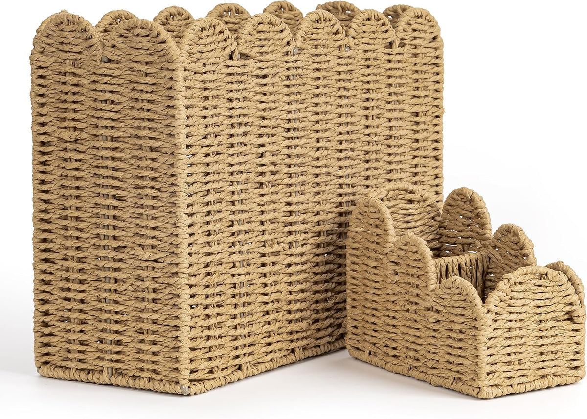 AELS Hand Woven Scalloped Basket Set, Magazine Rack & Remote Control Holder