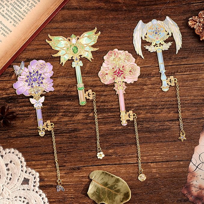 4pcs Metal Bookmarks Set for Reading Women and Men, Enchanted Floral Wing Key - Image 2