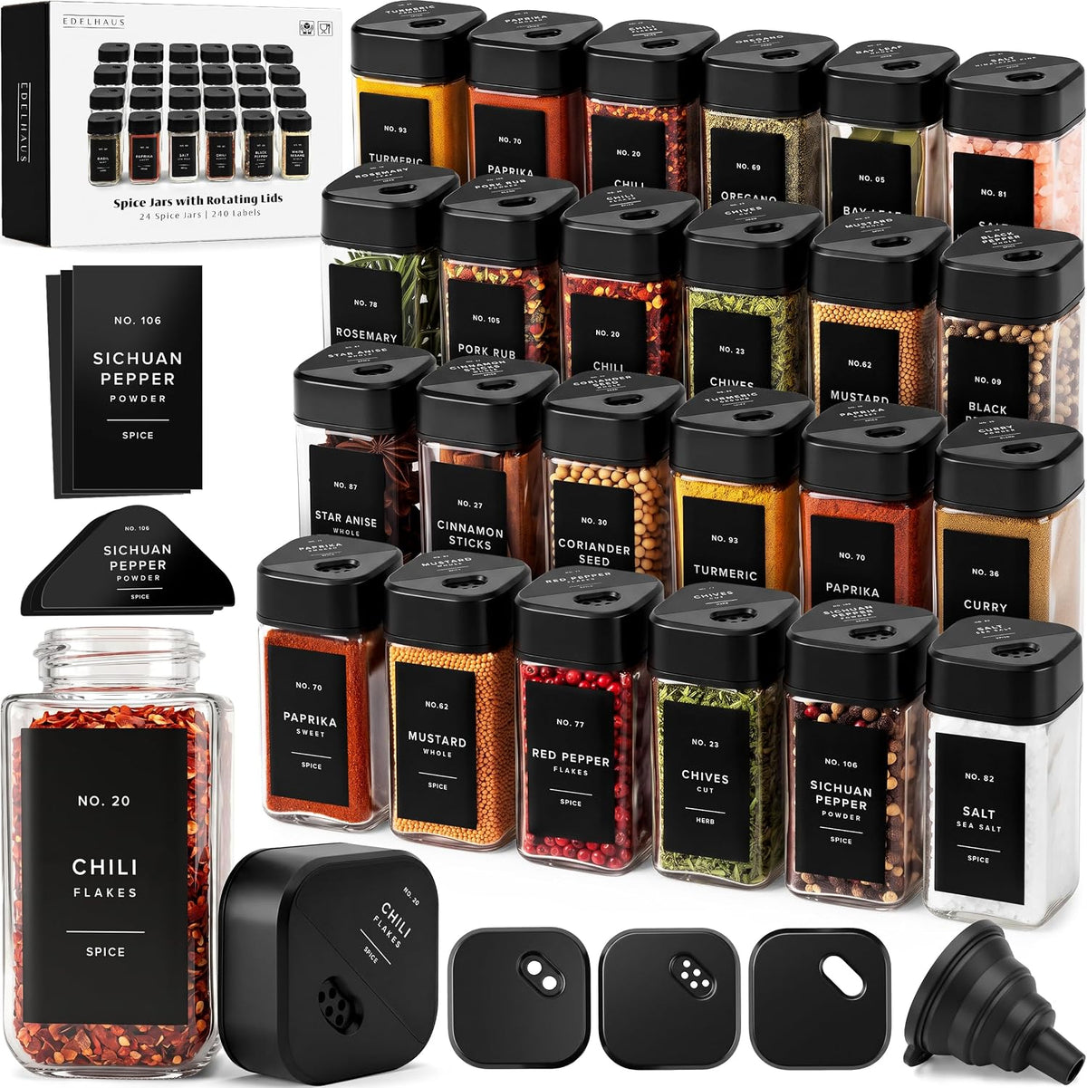 EDELHAUS Glass Square Spice Jars with Label, 24x Black Sprinkle Lids