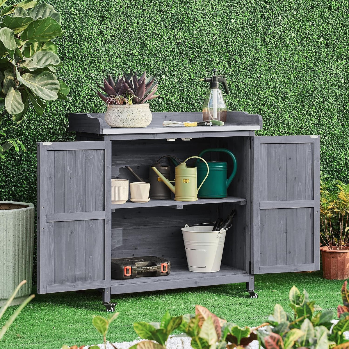Yaheetech Rolling Potting Bench Outdoor Storage Cabinet, Metal Top, Gray