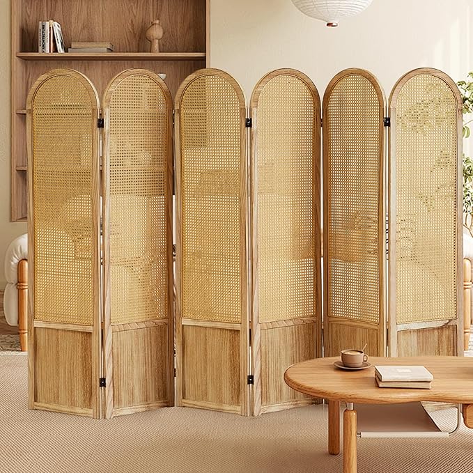 Asnefeli 6 Panels Room Divider, Folding Privacy Screen, Foldable Wood Rattan - Image 7