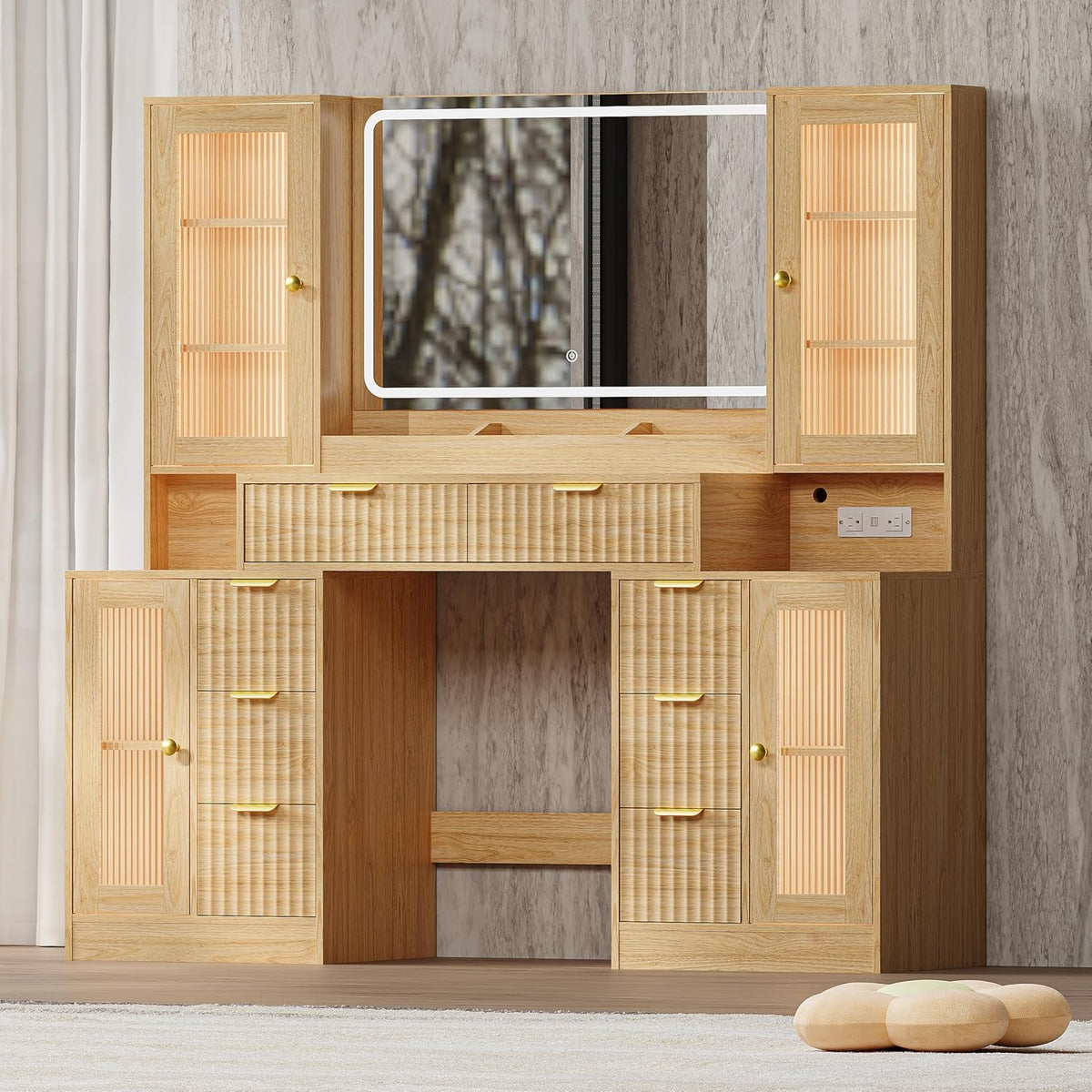 Fluted Makeup Vanity Desk with Mirror and Lights, 55" Glass Top Vanity w...