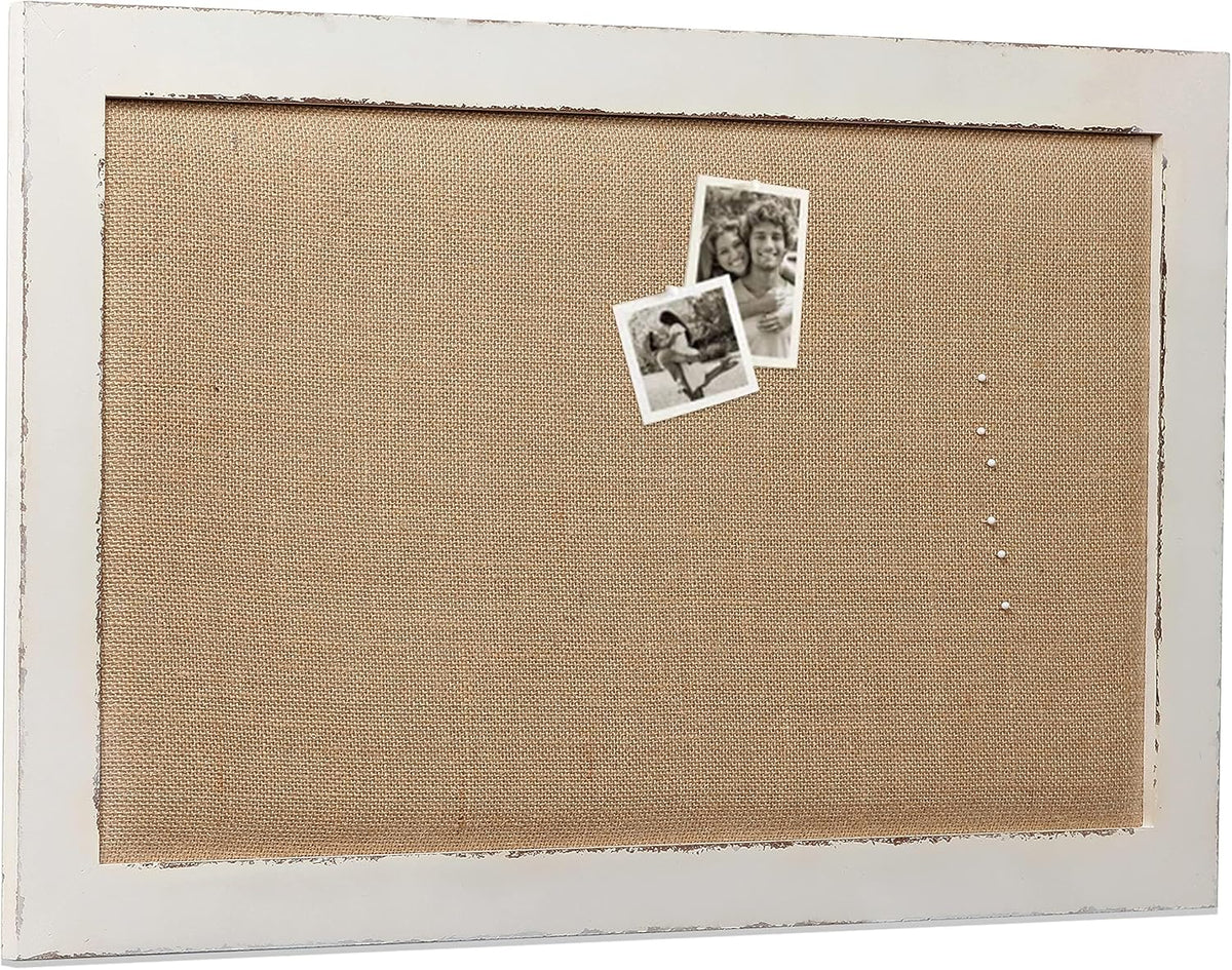 SOFE 18x29 White Linen Bulletin Board, Farmhouse Wood Frame Decor