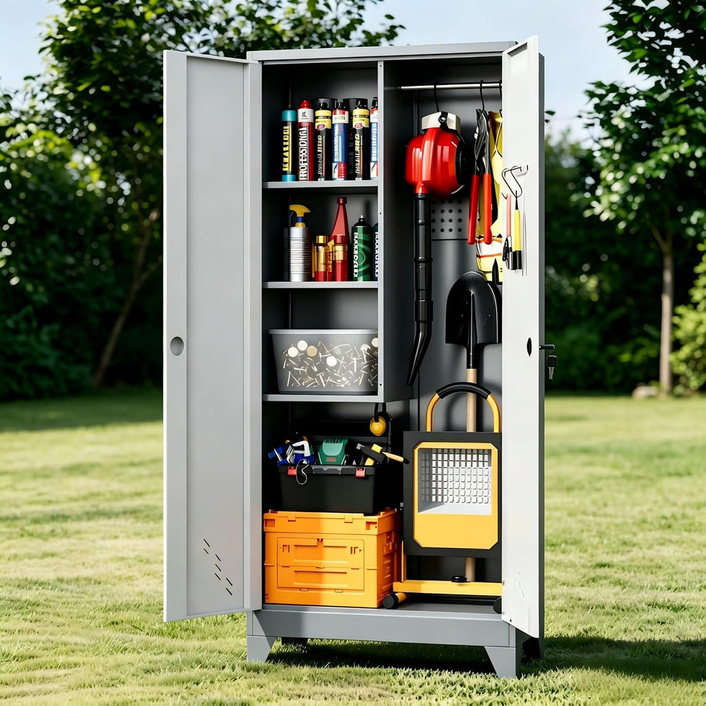 61" metal garage storage cabinet with lock, broom, main product view