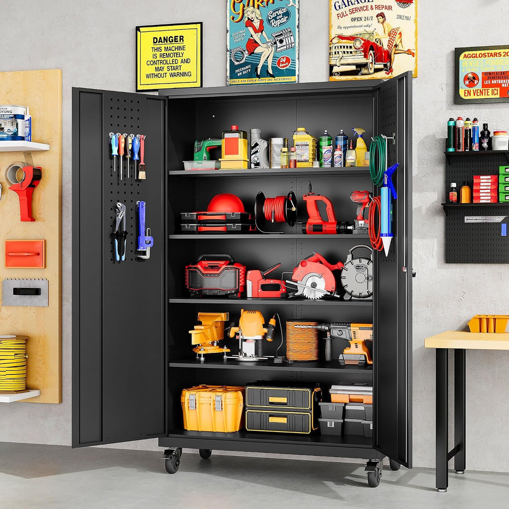 wide & deep metal storage cabinet with wheels,tall shown in use