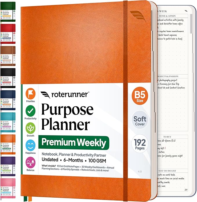 Roterunner Purpose Planner Notebook B5 5.8”x8.3” Undated 2026 Daily Weekly and by Roterunner