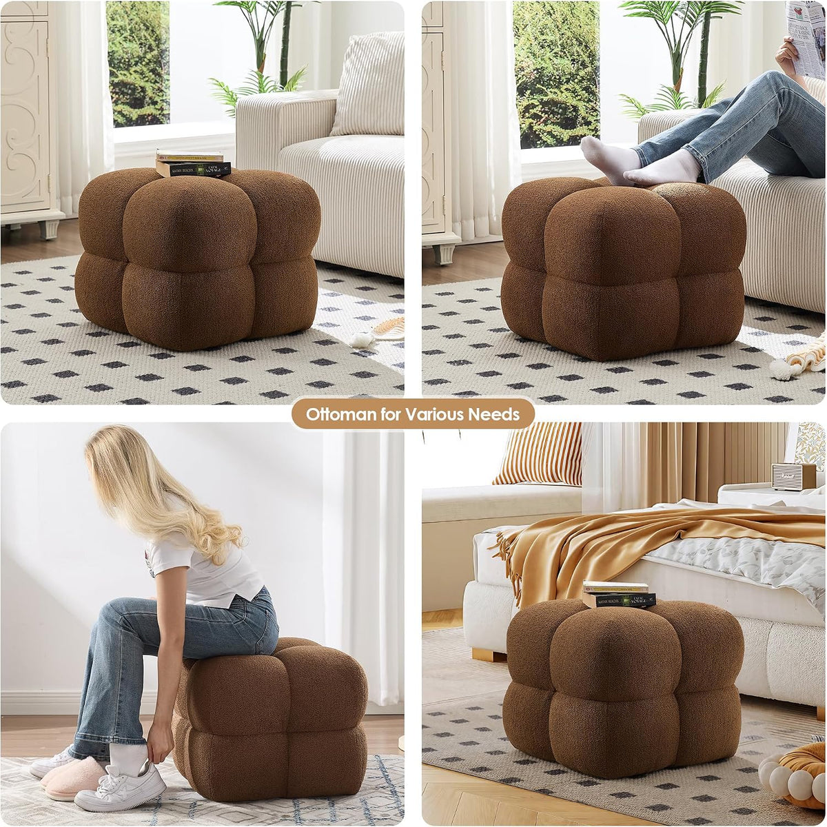 ONEVOG 21" Rust Brown Modern Ottoman, Square Fuzzy Couch Sherpa Pouf Ott...