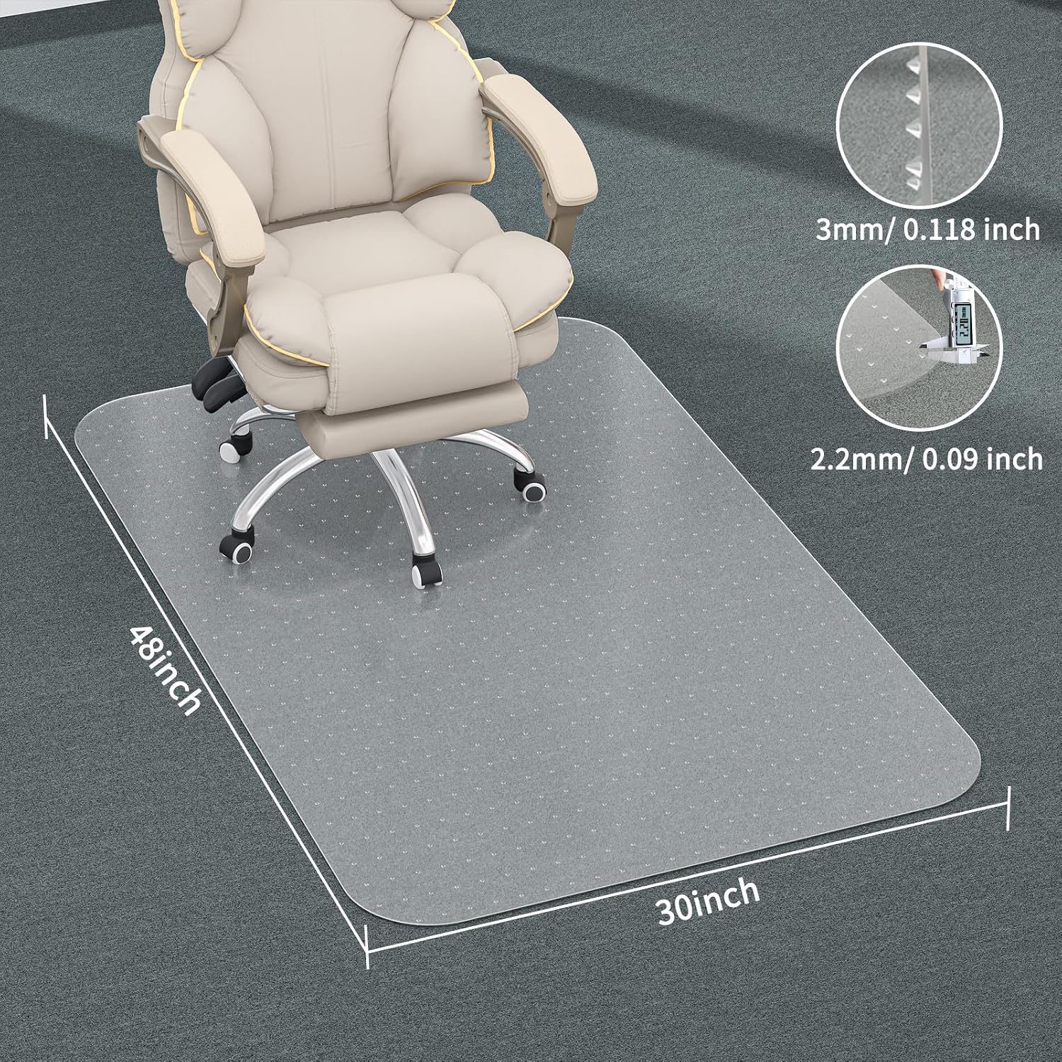 Office Chair Mat for Carpet, 30" X 48" X 0.09" Desk Chair Mat for Carpet Floors, Clear and Thick Rolling Computer Chair Mats with Non-Slip Studded for Home and Office Low Pile Carpets