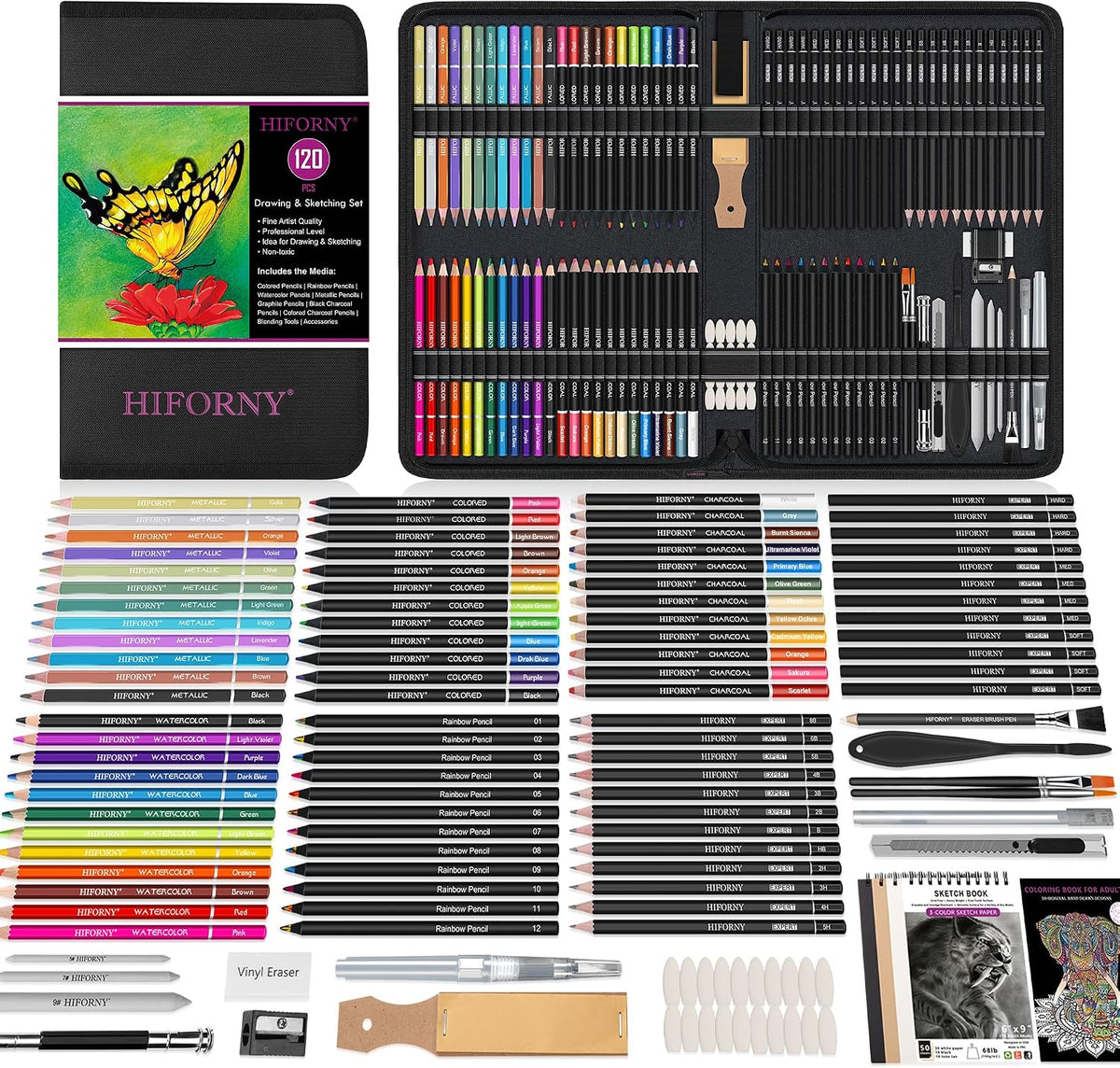hiforny 120 pcs drawing set sketching kit, art, main product view