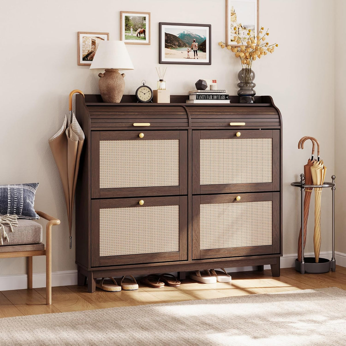 LINSY Shoe Storage Cabinet, Rattan Shoe Cabinet Flip Drawer Shoes Rack Cabine...
