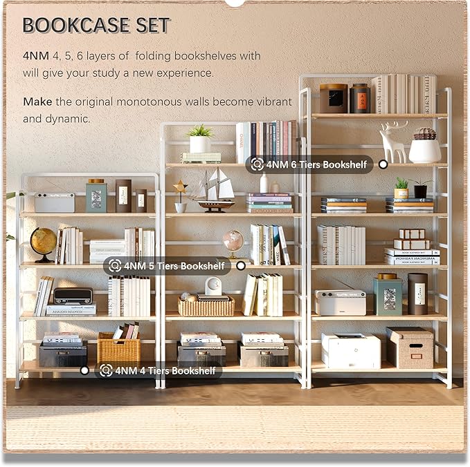 4NM No Assembly Extra Wide 5 Tiers Folding Bookshelf Storage Shelves Vintage - Image 5