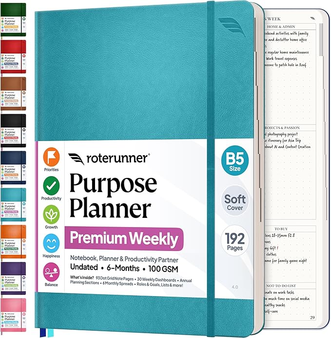 Roterunner Purpose Planner Notebook B5 7.5”x9.8” Undated 2026 Daily Weekly and by Roterunner