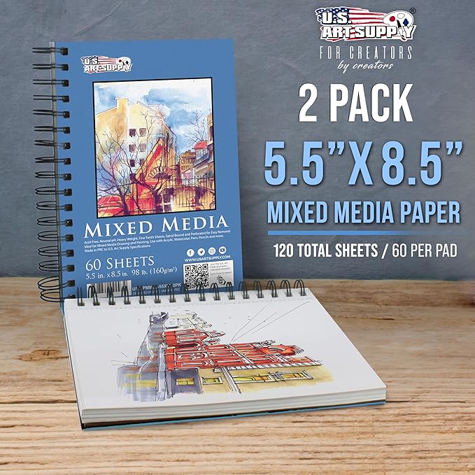 U.S. Art Supply 5.5"x8.5" Mixed Media Sketchbook, 2 Pack, 98 lb - Image 2