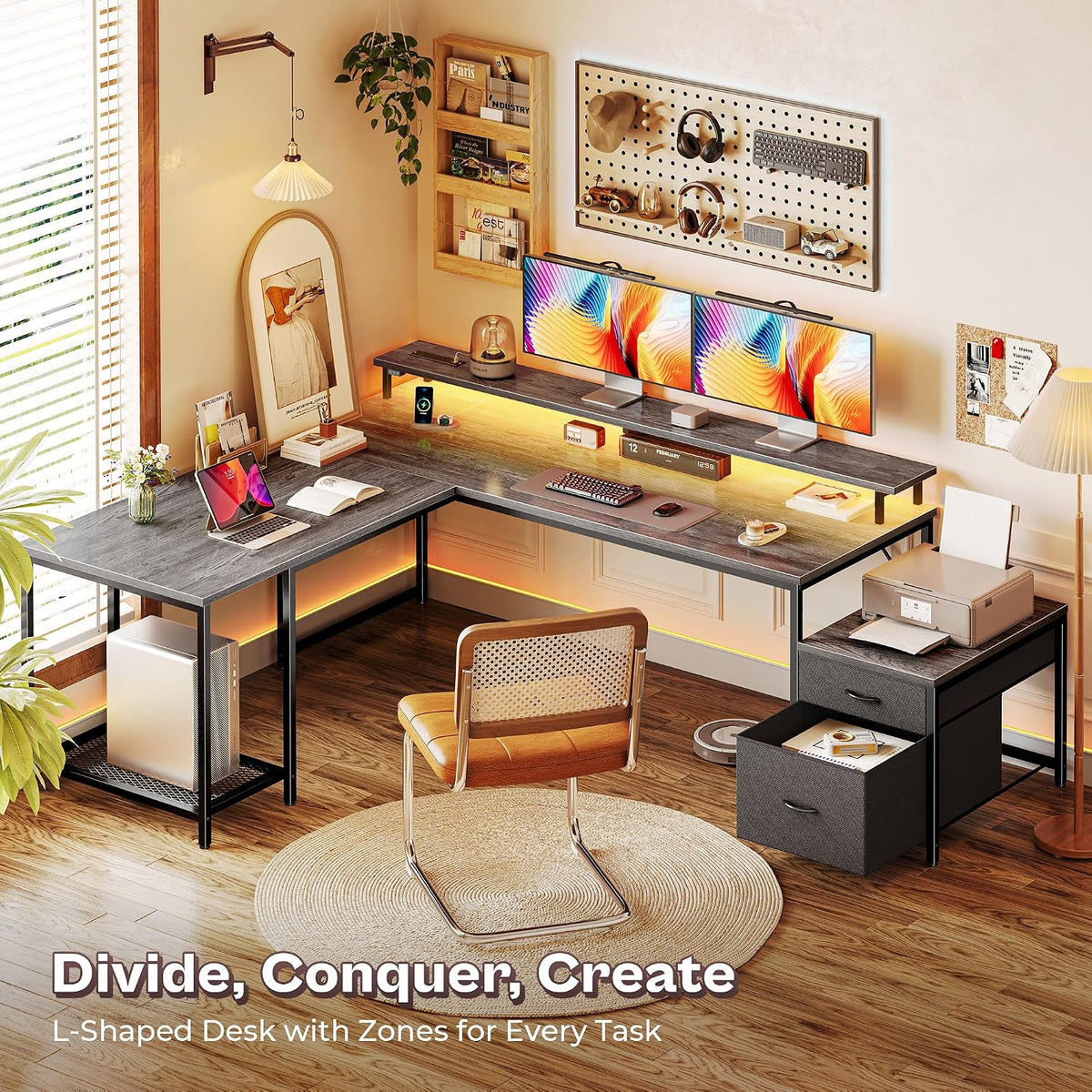 PRAISUN 66" L Shaped Gaming Desk with LED Lights & Power Outlets