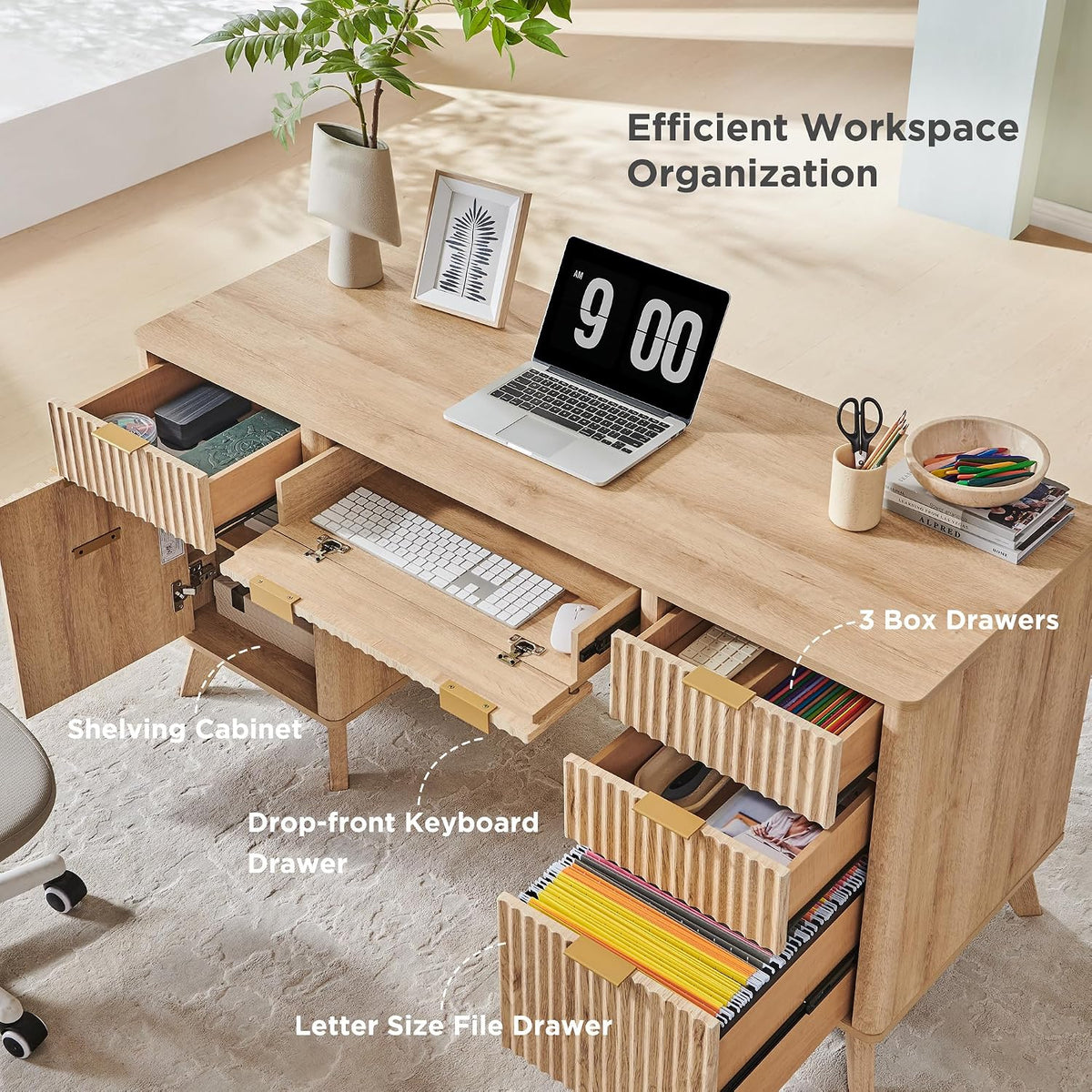 T4TREAM 60-Inch Modern Fluted Executive Desk with Drawers, Natural Oak