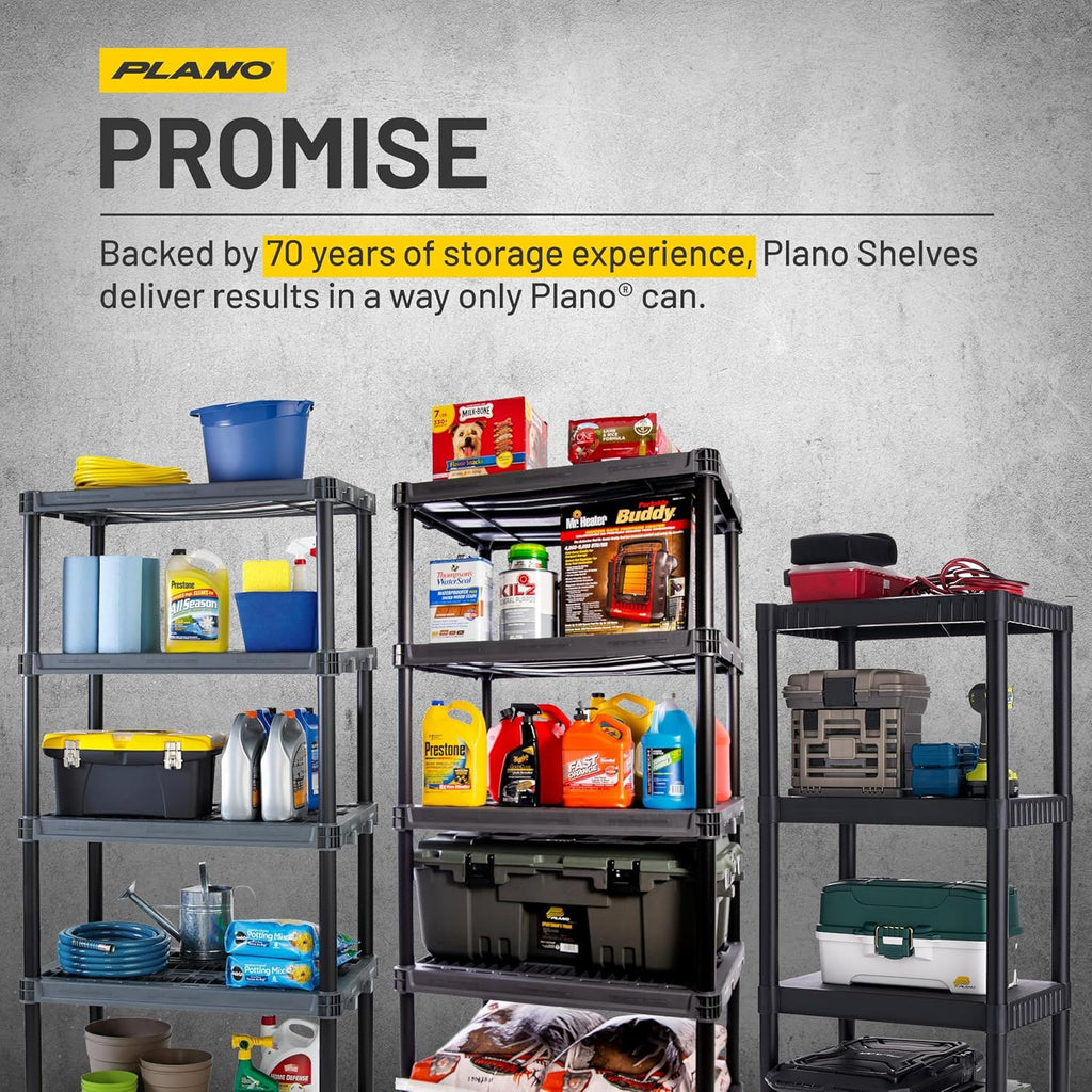 plano 4-shelf plastic storage shelves, 48” x 23”, package contents