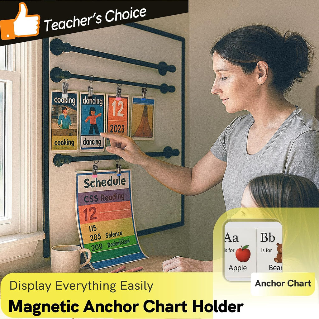 ULIBERMAGNET Magnetic Classroom Whiteboard Bar, Flip Calendar Holder with 5 Hanging Rings & 5 Clips, Magnetic Adjustable Length Anchor Chart Rack for Whiteboard, Office, Classroom, Lesson Plans