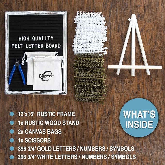 Felt Letter Board with Rustic Vintage Frame and Stand 12x16 inch, Numbers and - Image 2