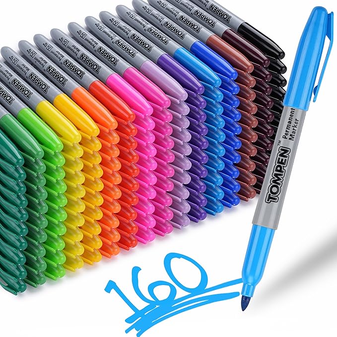Tompen Permanent Markers, Fine Tip, 160 Pack Bulk, 16 Assorted Multicolor Colors by TOMPEN