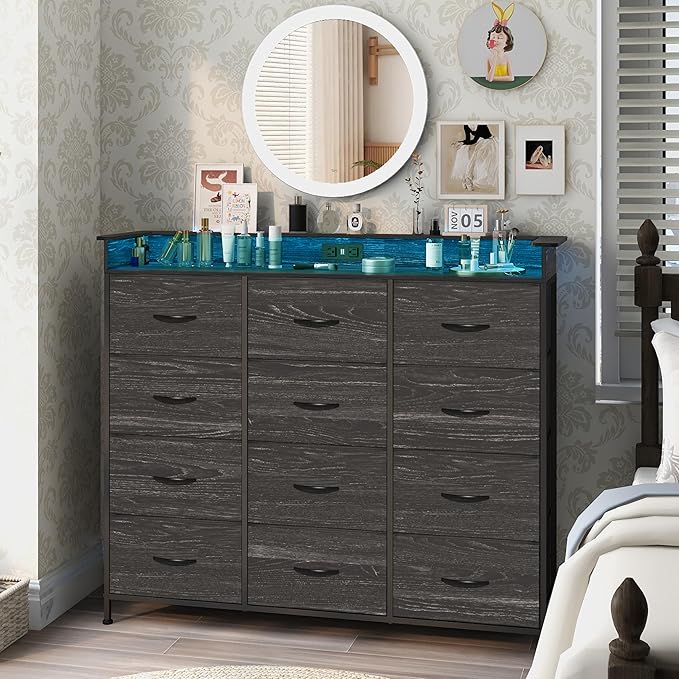 Welfuturer Black Dresser with LED Light 12 Drawers Dresser with Charging by EXOTICA