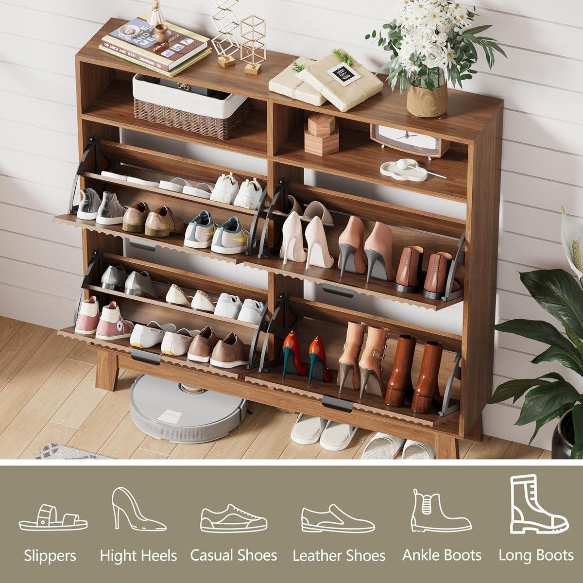 Shoe Cabinet Storage for Entryway with 4 Flip Drawers & Cubby, Walnut