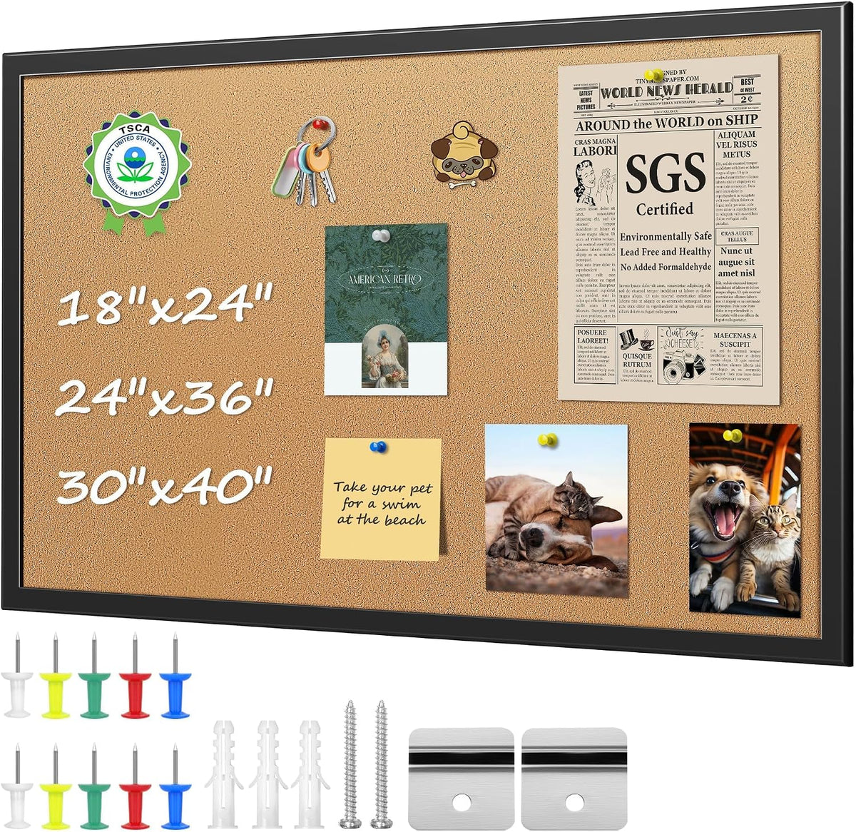 ORIENTOOLS 24x36 Cork Board with Wooden Frame, Hanging Pins for Office Home
