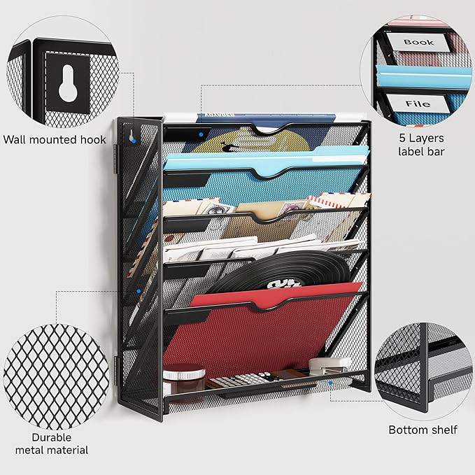 Lavatino 6-Tier Hanging File Organizer, Wall Mount File Holder - Image 5